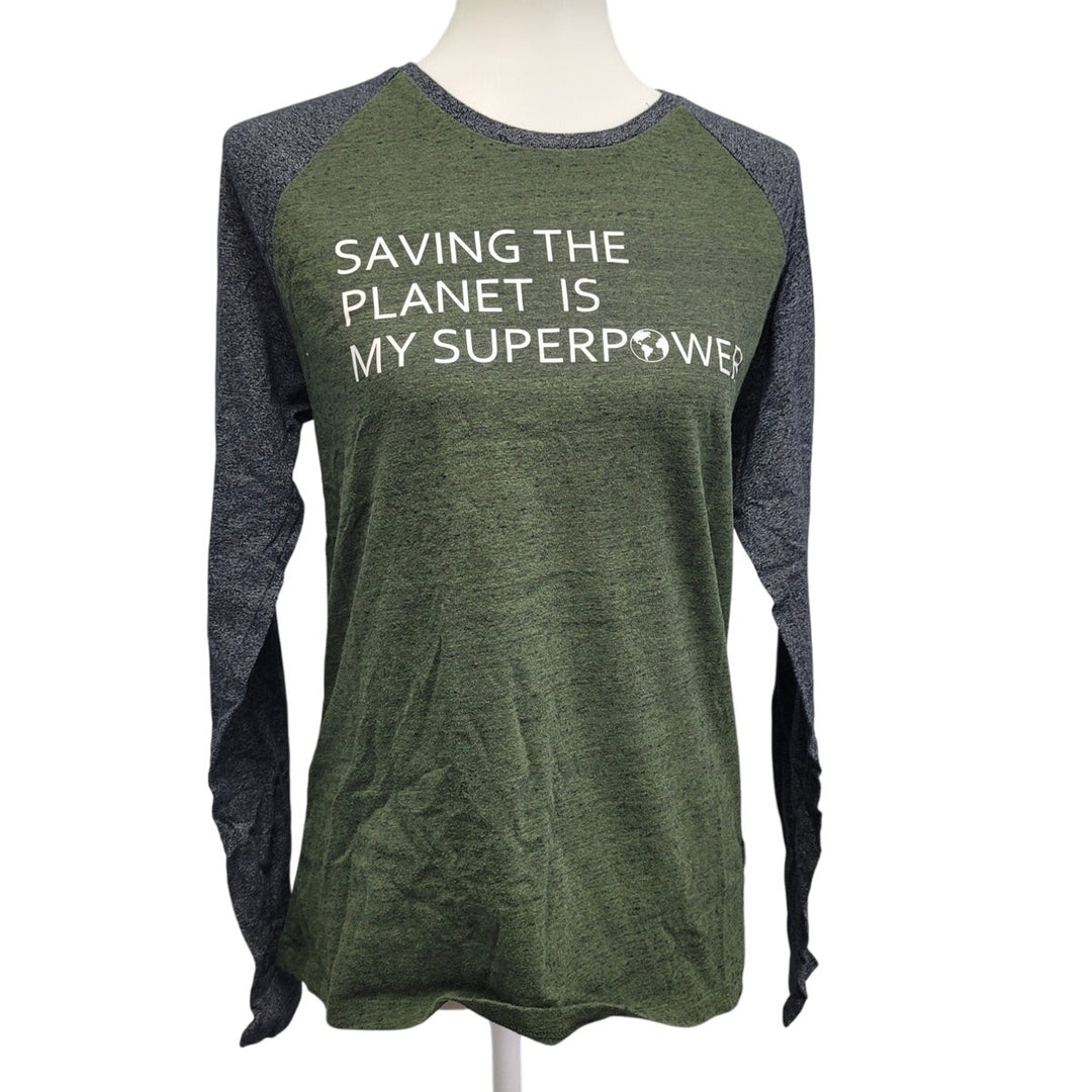 Hand Printed Upcycled Womens Small Saving the Planet Superpower Cotton Blend Tee