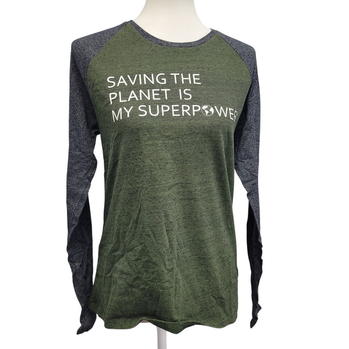 Hand Printed Upcycled Womens Small Saving the Planet Superpower Cotton Blend Tee