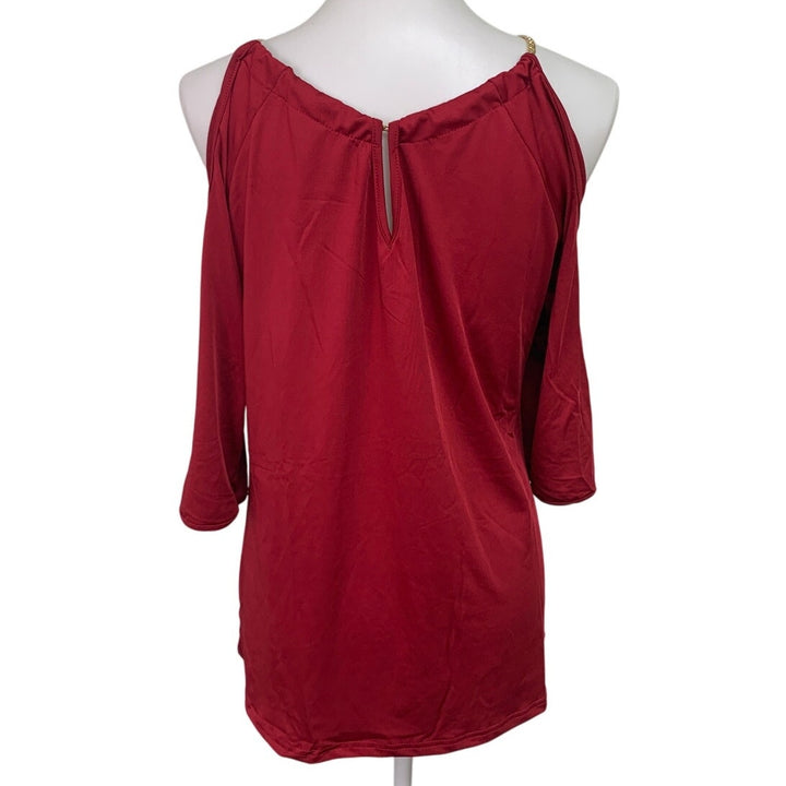 Womens XL Poly Cotton Cold Shoulder Chain Necklace Long Sleeve Red Blouse Top
