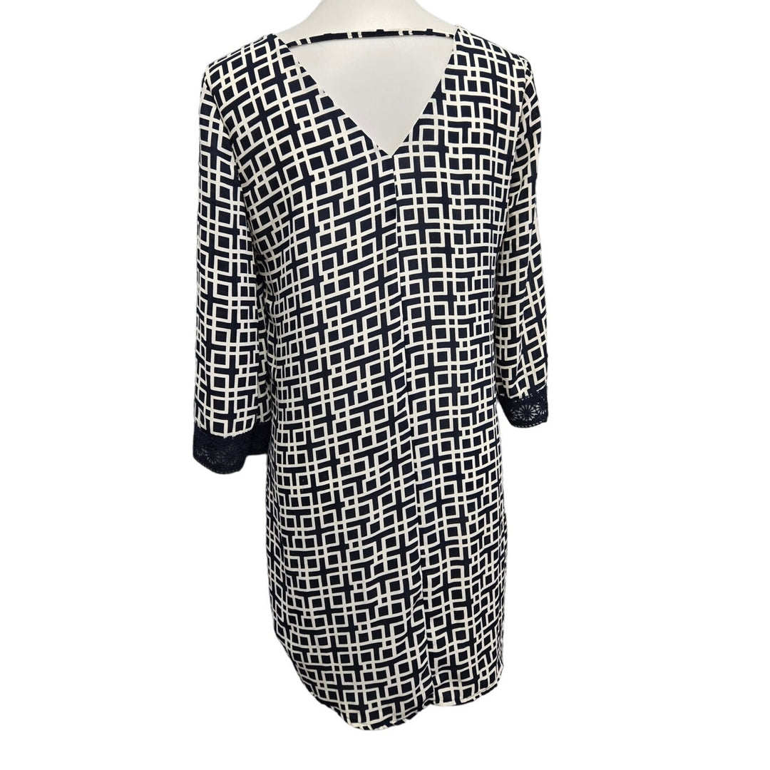 Alya Womens Medium Long Sleeve Scoop Neck Lined Geometric Navy Sheath Dress