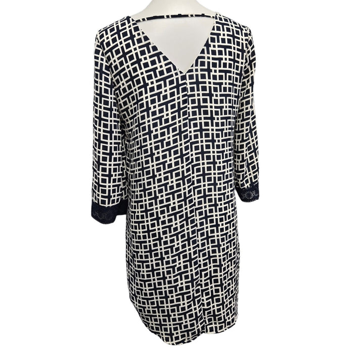 Alya Womens Medium Long Sleeve Scoop Neck Lined Geometric Navy Sheath Dress