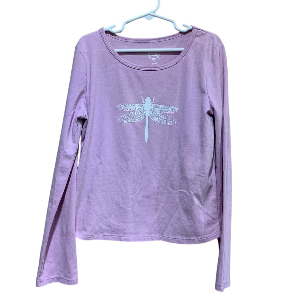 Hand Printed Upcycled Child Medium (7-8) Dragonfly Long Sleeve Crew Neck Tee