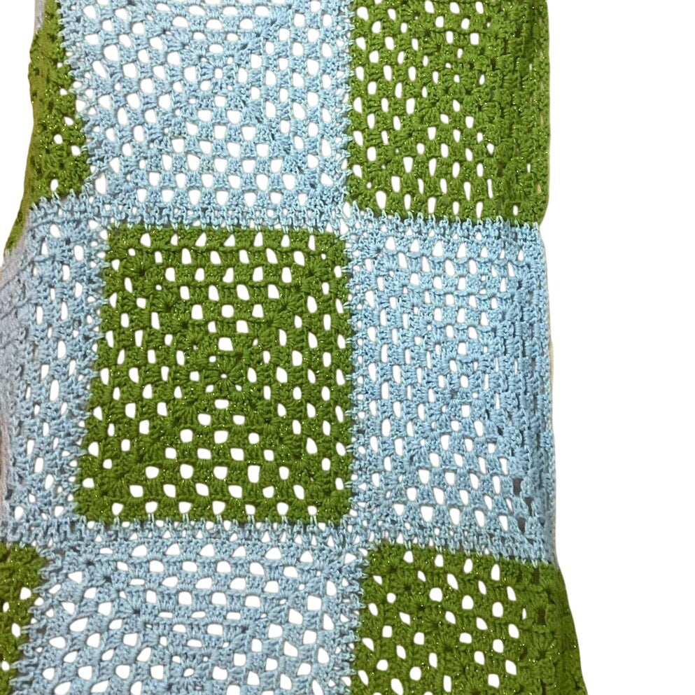 Handmade Green Sparkle Blue Acrylic Yarn Crocheted Baby Blanket Afghan Throw