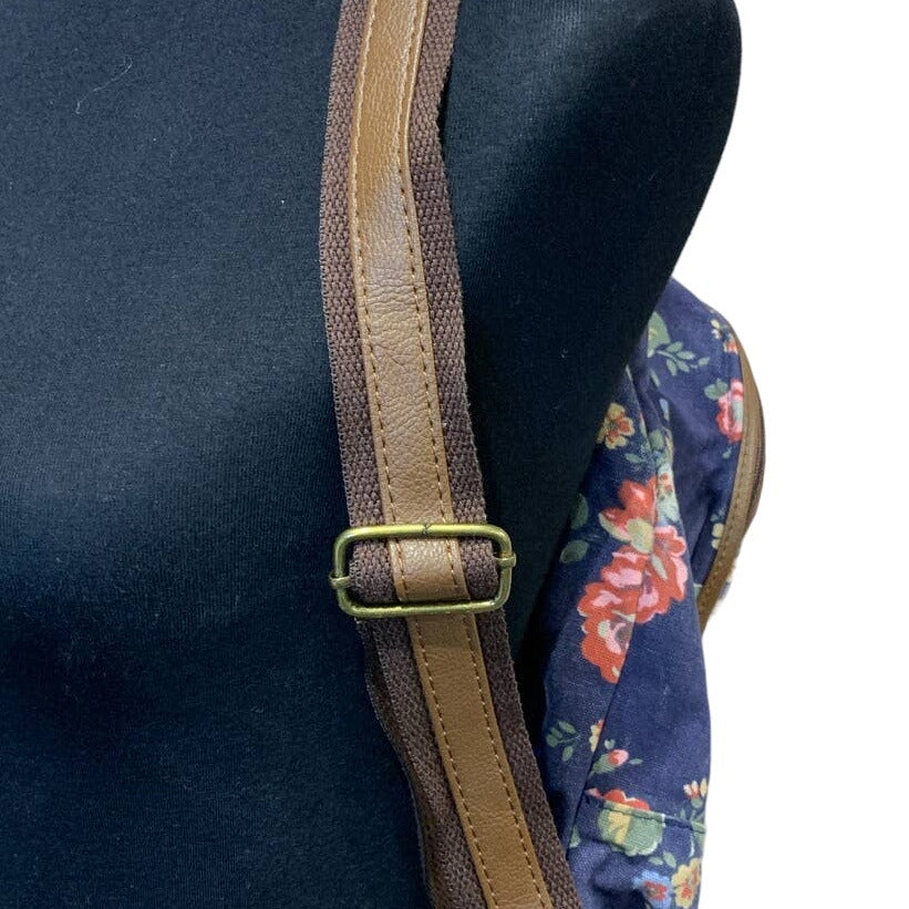 Navy Blue Pink Floral Faux Leather Trimmed Machine Washable Backpack Book Bag