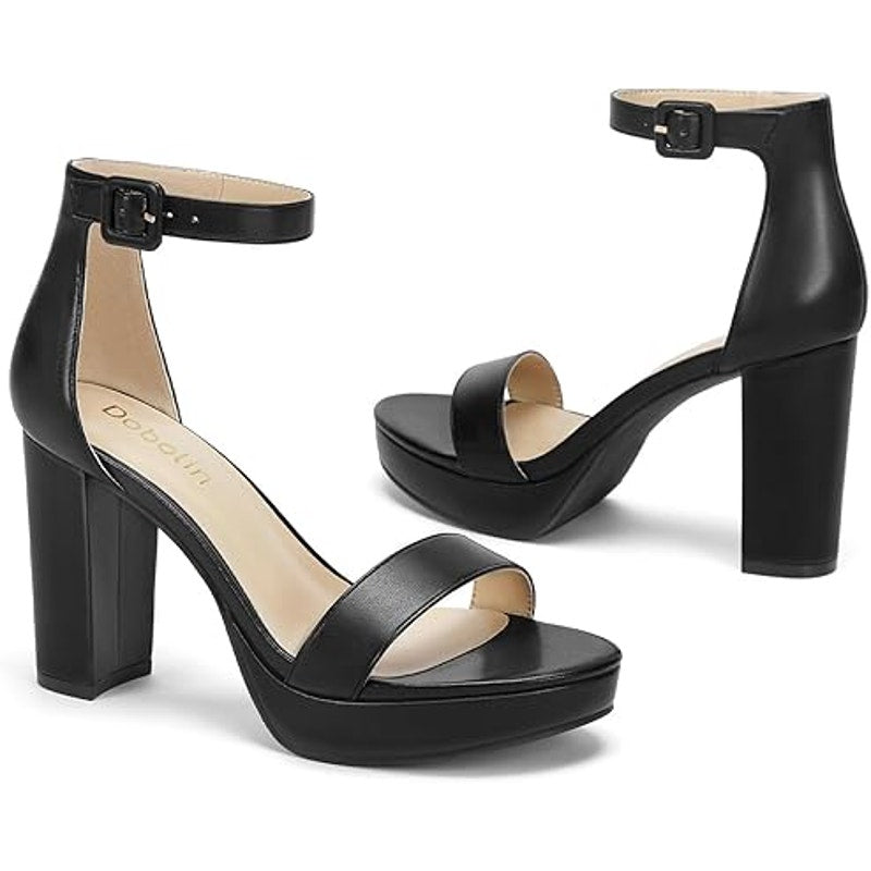 Dobolin Womens Size 8.5W Wide Black 4" Platform Heel Open Toe Ankle Strap Shoes