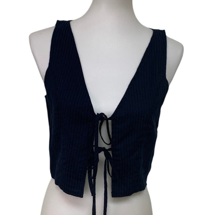 New American Eagle Womens Small Navy Pin Striped Front Tie Sleeveless Top Sample