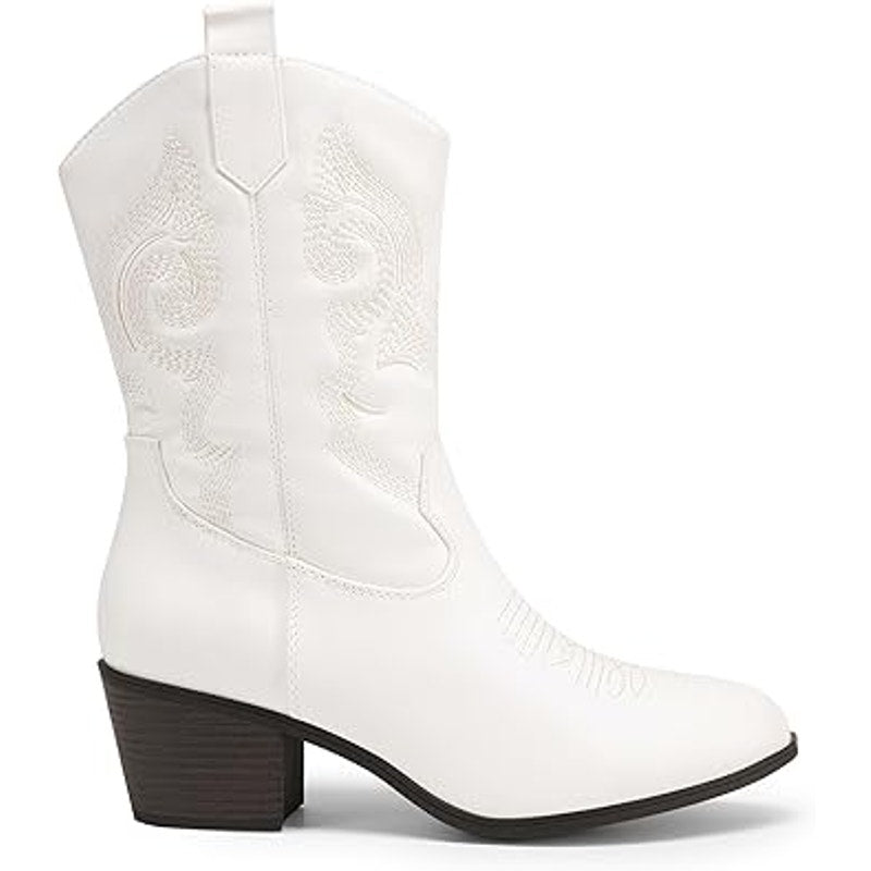 Dream Pairs Womens 8 White Faux Leather Mid Calf Cowgirl 2.5" Heel Boot Shoes