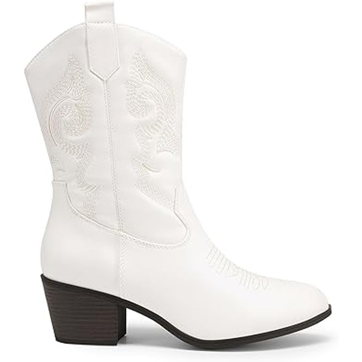Dream Pairs Womens 8 White Faux Leather Mid Calf Cowgirl 2.5" Heel Boot Shoes