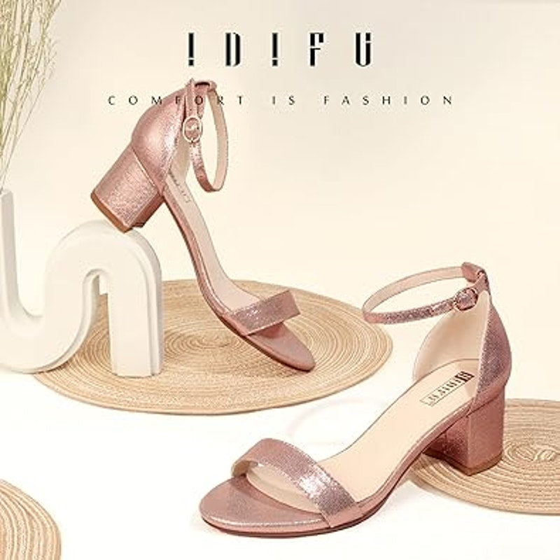 Idifu Womens Size 8.5 Rose Gold Sparkle Open Toe 2" Block Heel Ankle Strap Shoes