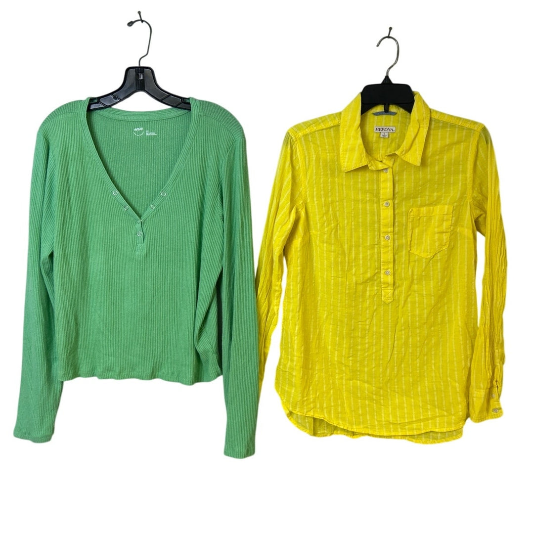 Lot of 2 Merona Aerie Womens Large Long Sleeve Partial Button Up Shirts
