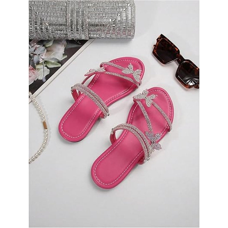 New Floerns Womens 8.5 Hot Pink Rhinestone Butterfly Open Toe Flat Sandal Shoes