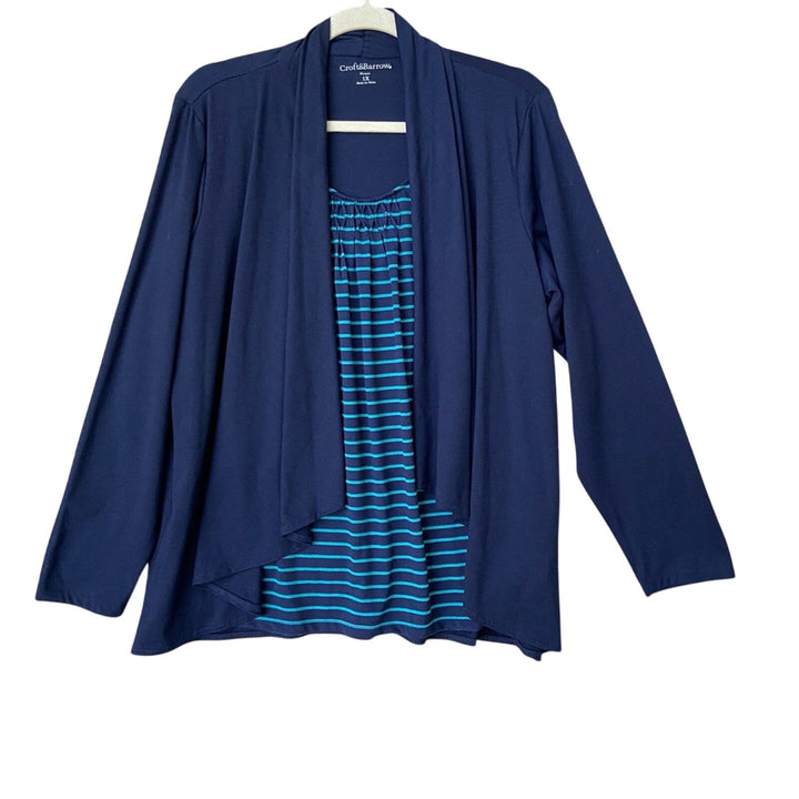 NWT New Croft &amp; Barrow Womens 1X Navy Blue Long Sleeve Striped Layered Look Top