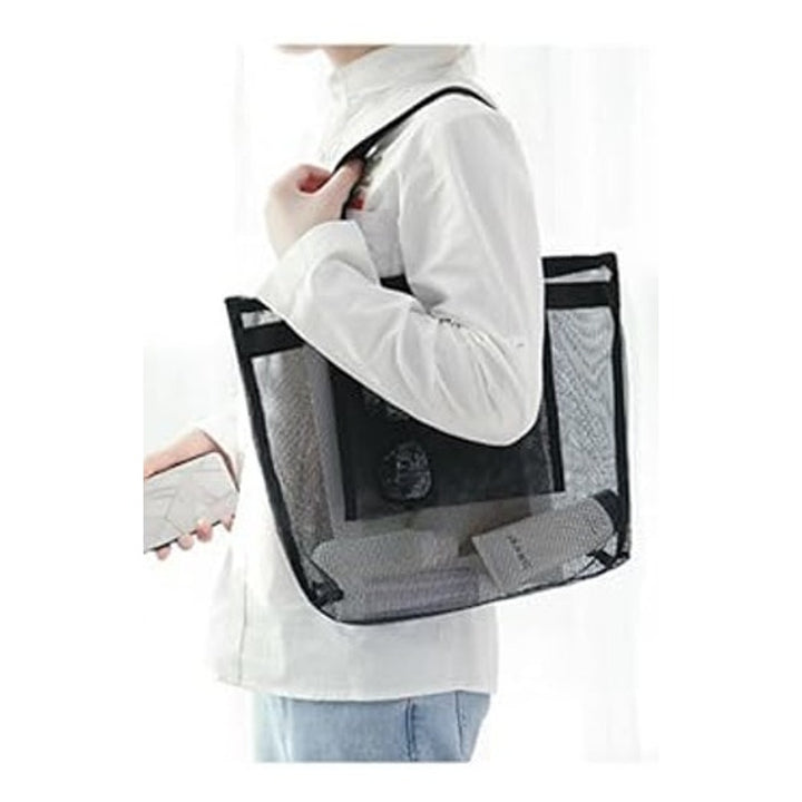 New Komost Black Double Handle Zip Up Foldable Travel Mesh Beach Tote Bag