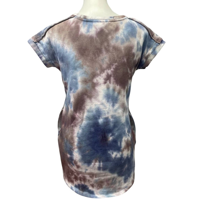 Upcycled Hand Printed Small Dragonfly Short Sleeve Mini Sweatshirt Tie Dye Dress