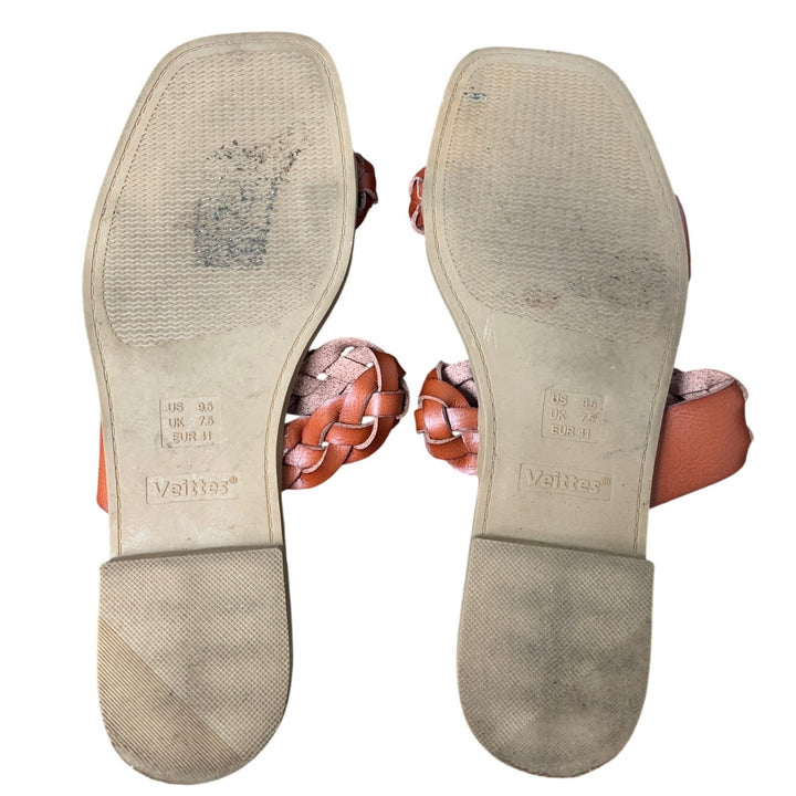 Veittes Womens Size 9.5 Brown Faux Leather Braided Strap Flat Slide Sandal Shoes
