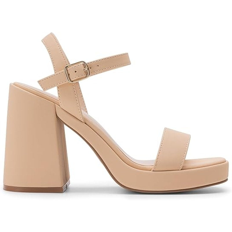 Dream Pairs Women Size 5 Tan Nude Faux Leather 4.5" Chunky Heel Open Toe Shoes