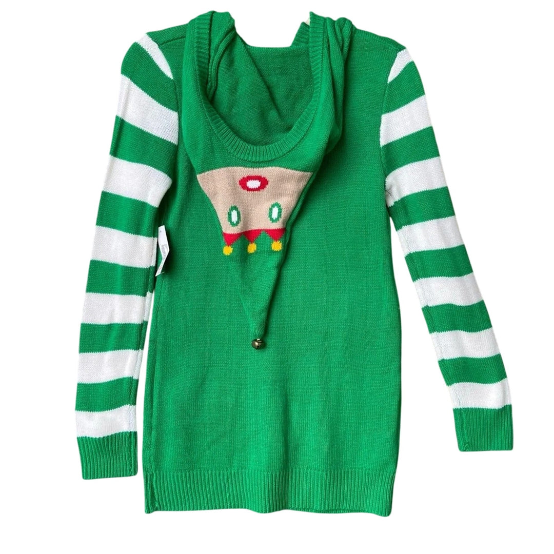 NWT New No Boundaries Juniors Medium Green Christmas Elf Sweater Hooded Sweater