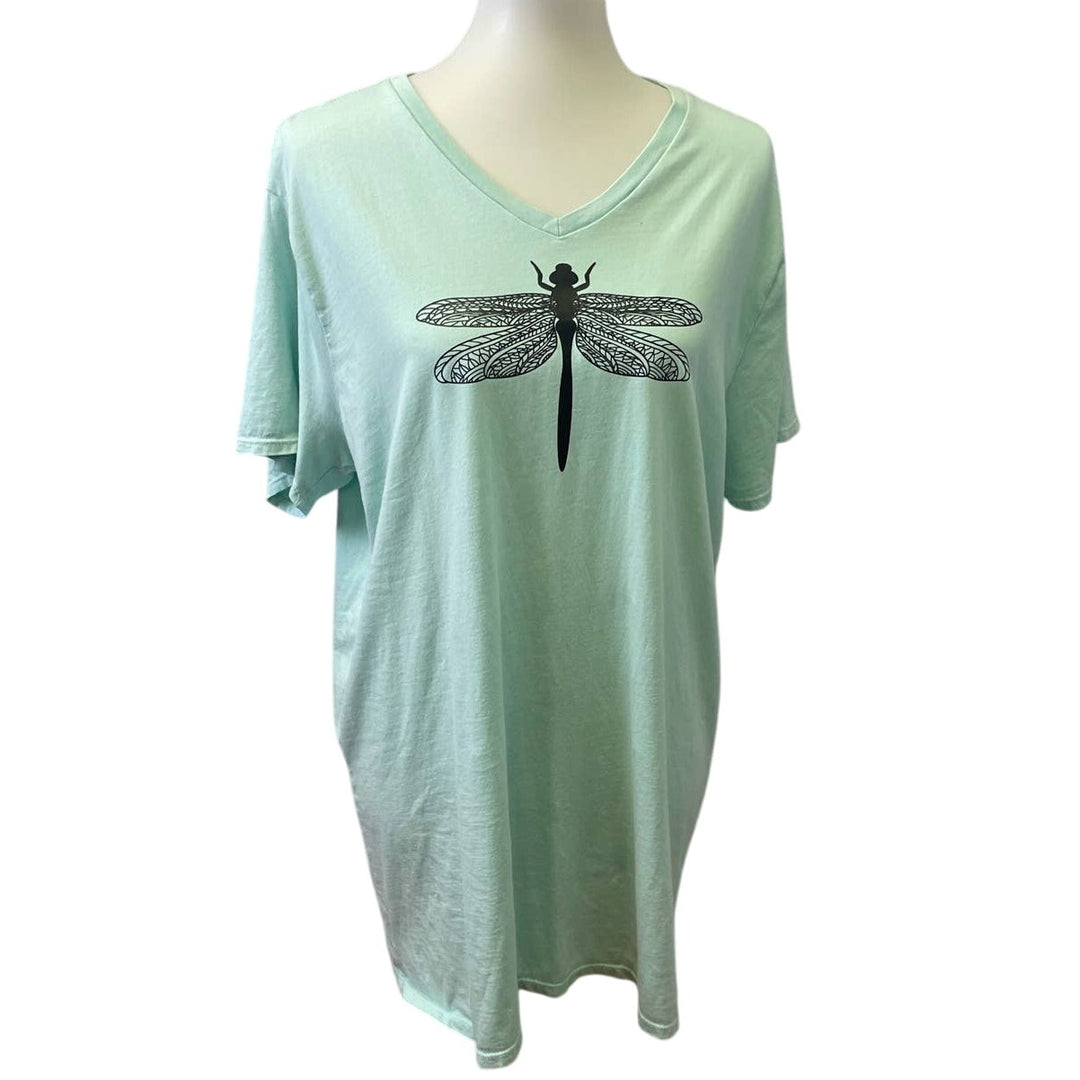 Hand Printed Upcycled Womens XL Dragonfly Cotton Short Sleeve V-Neck Tee Shirt