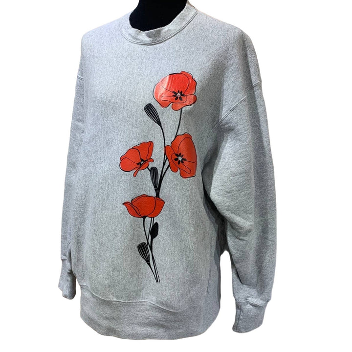 Hand Printed Upcycled XL Red Poppy Flower PolyCotton Long Sleeve Sweatshirt