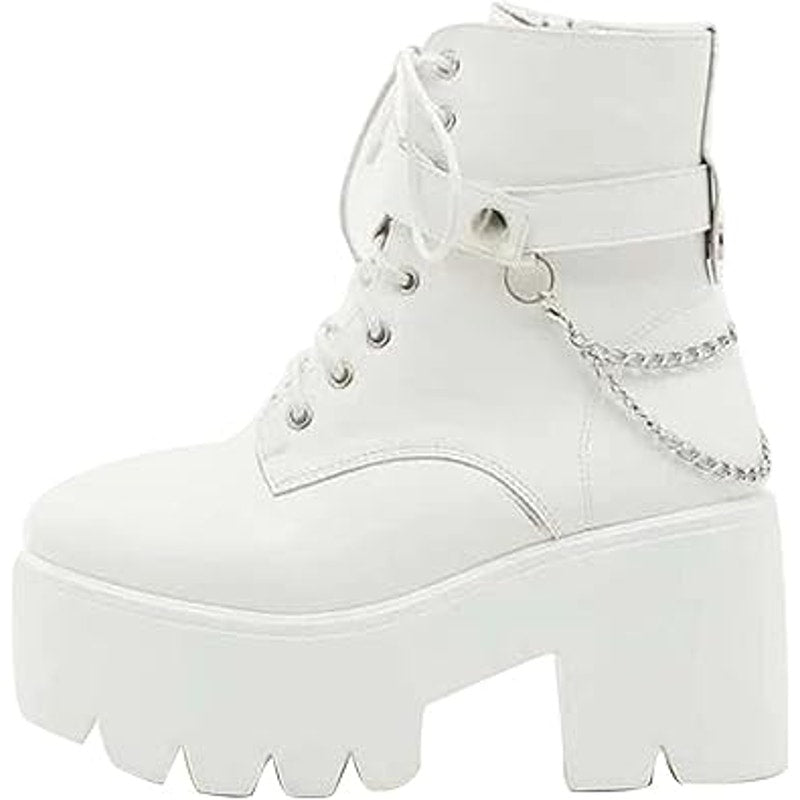 Cynllio Womens 8 White Faux Leather 3.5" Block Heel Platform Combat Ankle Boots