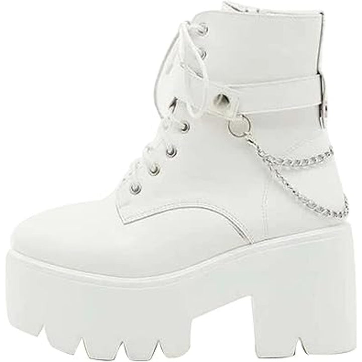 Cynllio Womens 8 White Faux Leather 3.5" Block Heel Platform Combat Ankle Boots