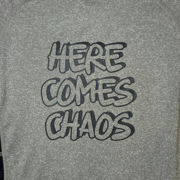 New Hand Printed Boys Small Heathered Here Comes Chaos Short Sleeve Tee Shirt