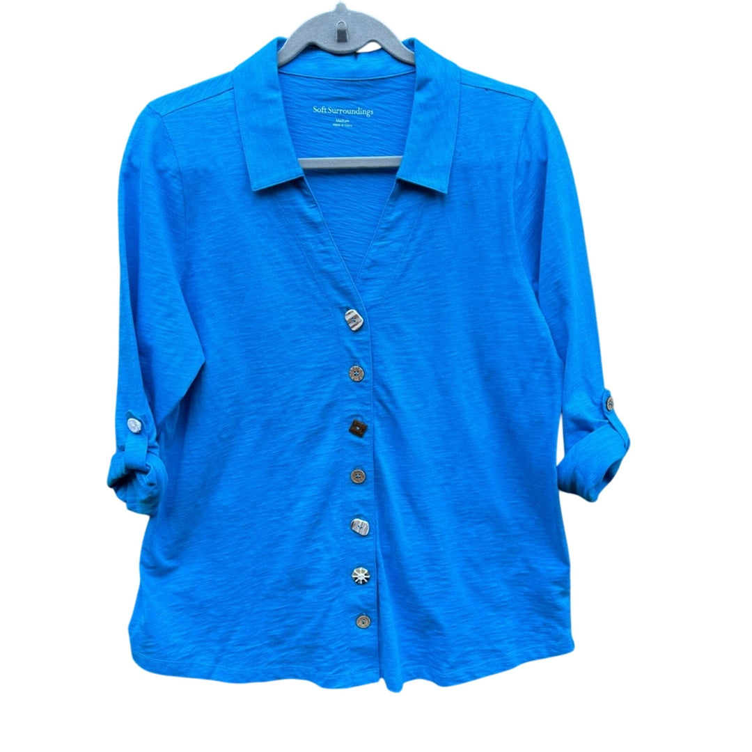 New Soft Surroundings Womens Medium Heathered Button Up Half Sleeve Shirt