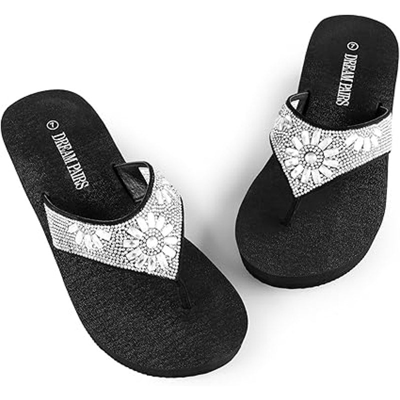 Dream Pairs Womens Size 7 Black Silver Rhinestone Platform Flip Flop Sandals