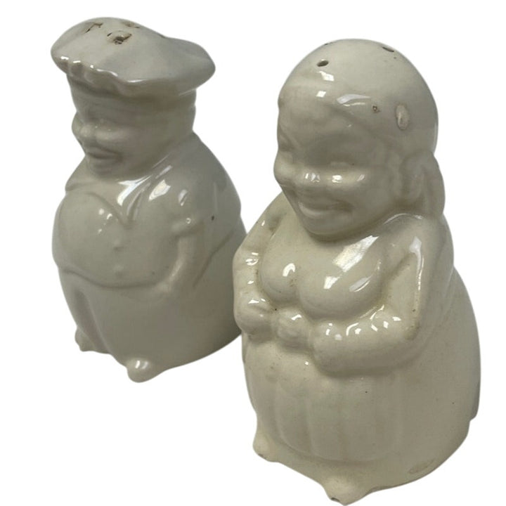 Vintage Chubby Chef Baker &amp; Wife White Ceramic Salt and Pepper Shakers Fair Cond