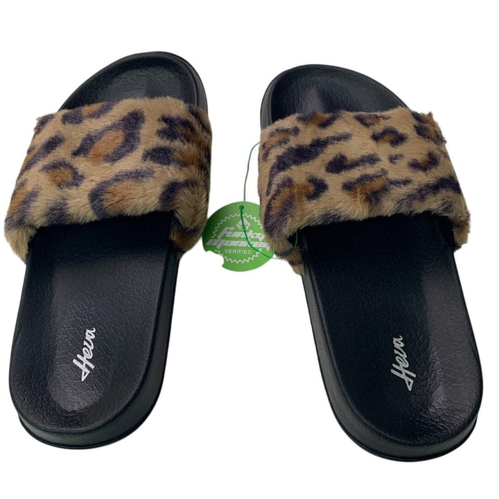 NWT New Funky Monkey Womens Size 5/6 Leopard Print Faux Fur Slides Sandals Shoes