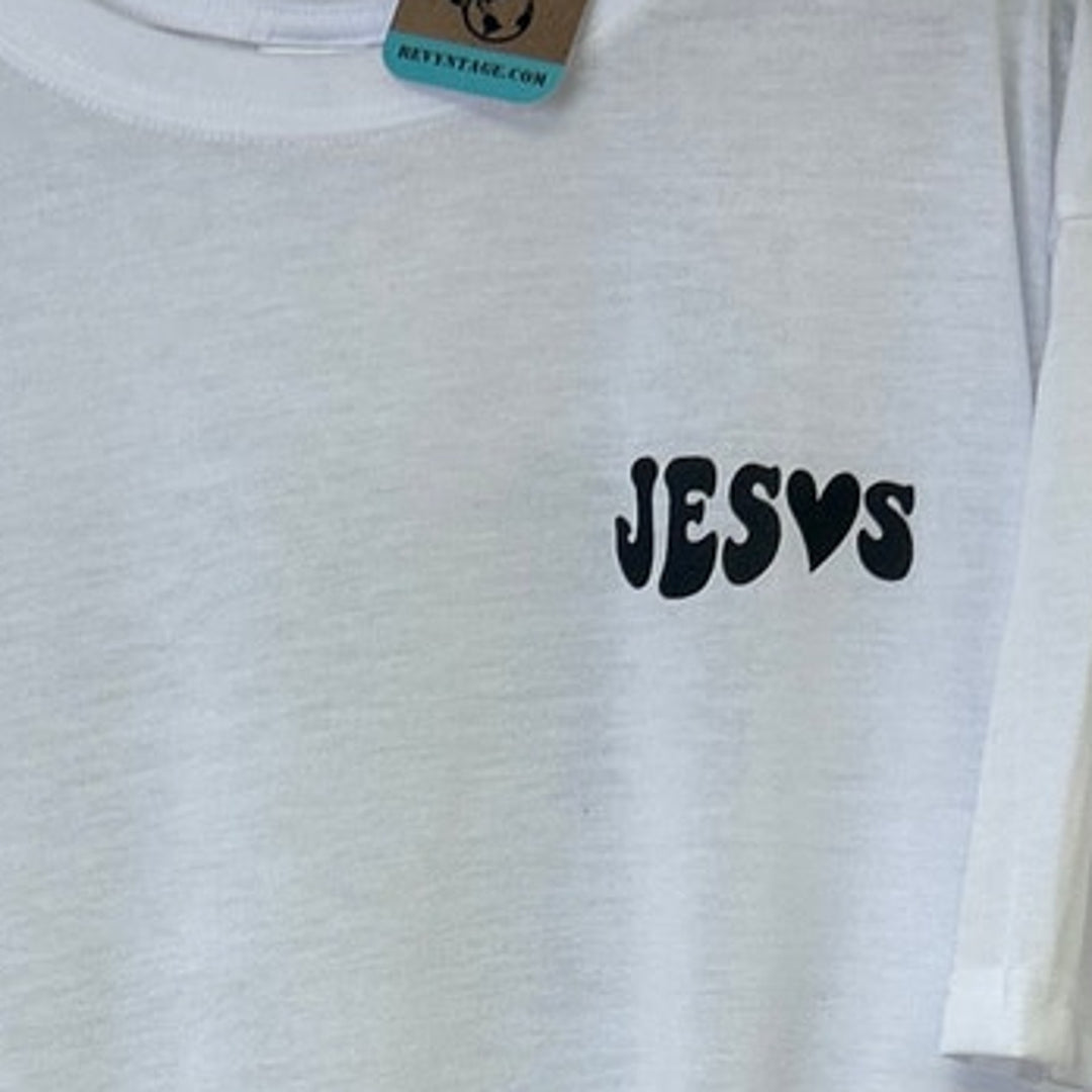 New Hand Printed Mens Large White Jesus Has My Back Short Sleeve Tee Shirt