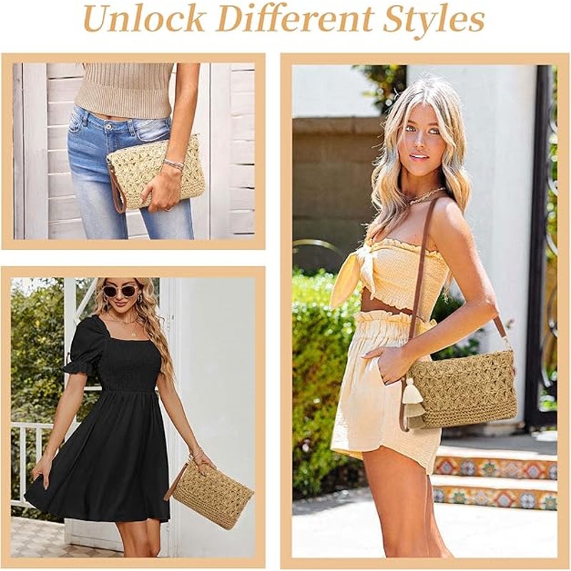 New Weimzc Womens Tan Small Straw Detachable Strap Purse Crossbody Bag Purse
