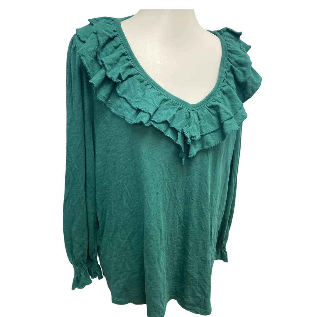 Terra &amp; Sky Womens 1X Long Sleeve Deep Ruffled V-Neck Cotton Blend Top Blouse