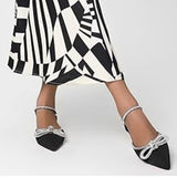 Aachcol Womens Size 10 Black Silver Closed Toe Rhinestone Bow Kitten Heels