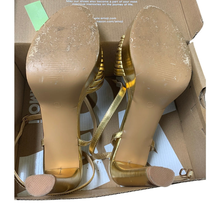 Amoji Womens Size 9.5 Gold 4" Block Heels Platform Braid Knot Ankle Strap Shoes
