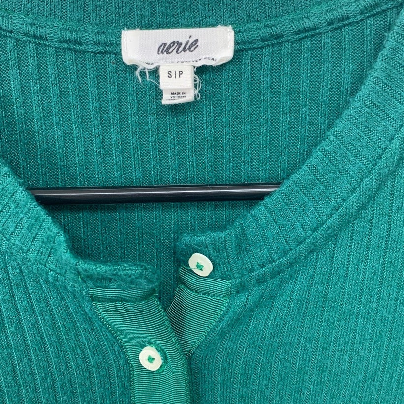 2 New Aerie Womens Small Cotton Blend Button Up Long Sleeve Crew Neck Tops