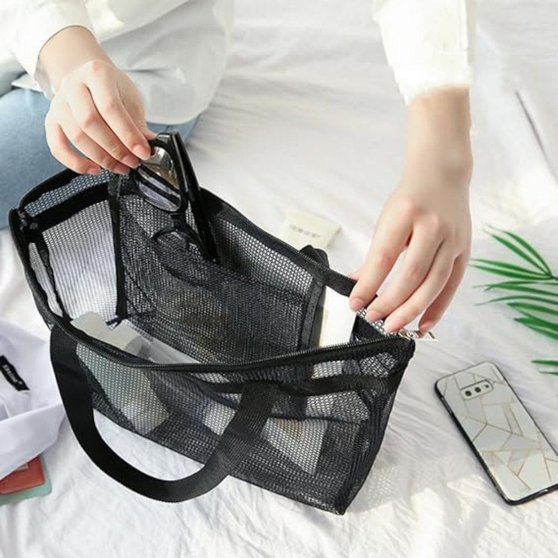New Komost Black Double Handle Zip Up Foldable Travel Mesh Beach Tote Bag