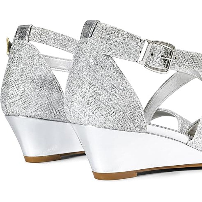 Dream Pairs Womens 8W Wide Silver Glitter Ankle Strap Open Toe 2" Wedge Heels