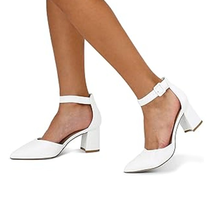 Mysoft Womens Size 10W White Faux Leather Pointy Toe 3" Heel Ankle Strap Shoes