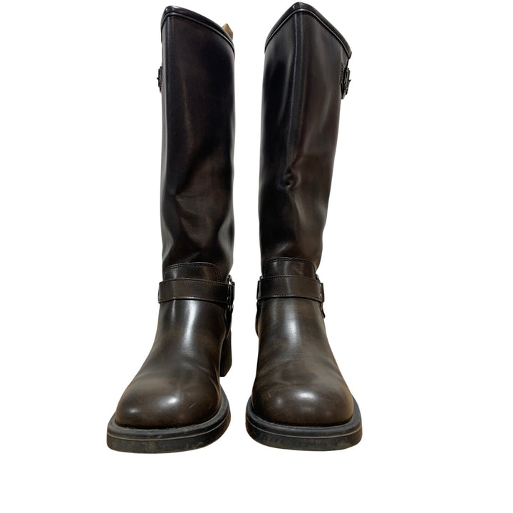 Aminugal Womens Size 7.5 Brown Faux Leather Knee High Square Toe Pull On Boots
