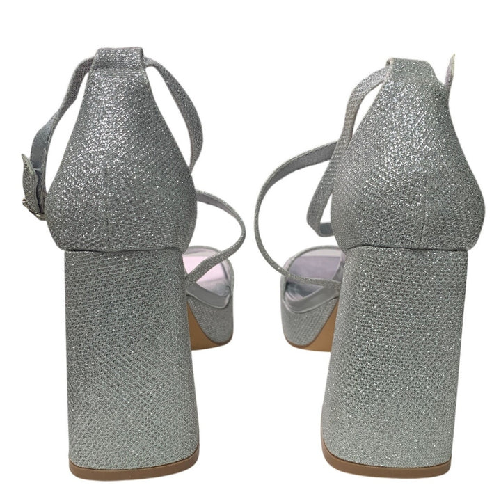 Idifu Womens 7.5 Silver Gillter Open Toe 4" Block Heel Ankle Strap Sandal Shoes