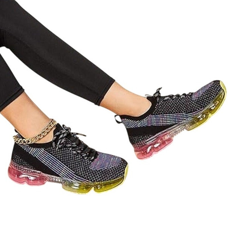 Lucky Step Womens Size 8 Black Multicolor Lace Up Air Cushion Sneaker Shoes