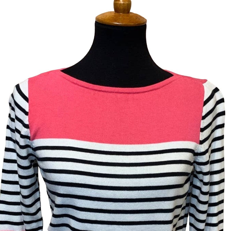 Chaps Medium 100% Cotton Pink Black White Striped 3/4 Sleeve Pullover Sweater