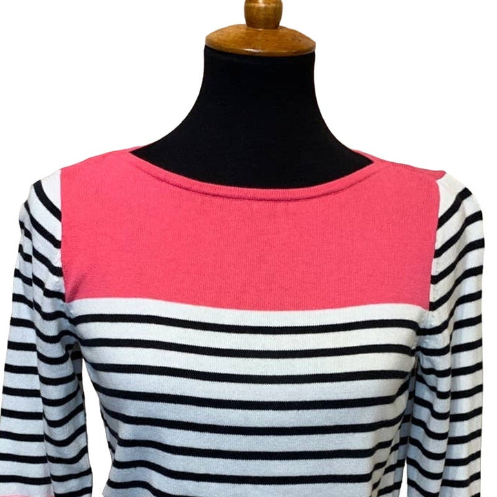 Chaps Medium 100% Cotton Pink Black White Striped 3/4 Sleeve Pullover Sweater