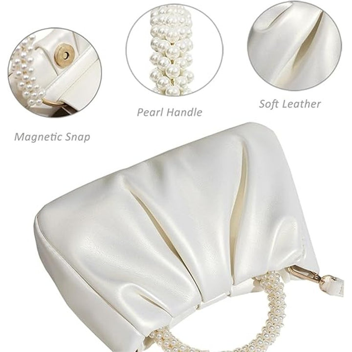 New Shiny Gold White Pearl Beautiful Small Evening Faux Leather Handbag Purse