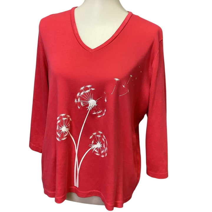 Hand Printed Upcycled Womens 2X Dandelion Make a Wish Long Sleeve Tee Shirt