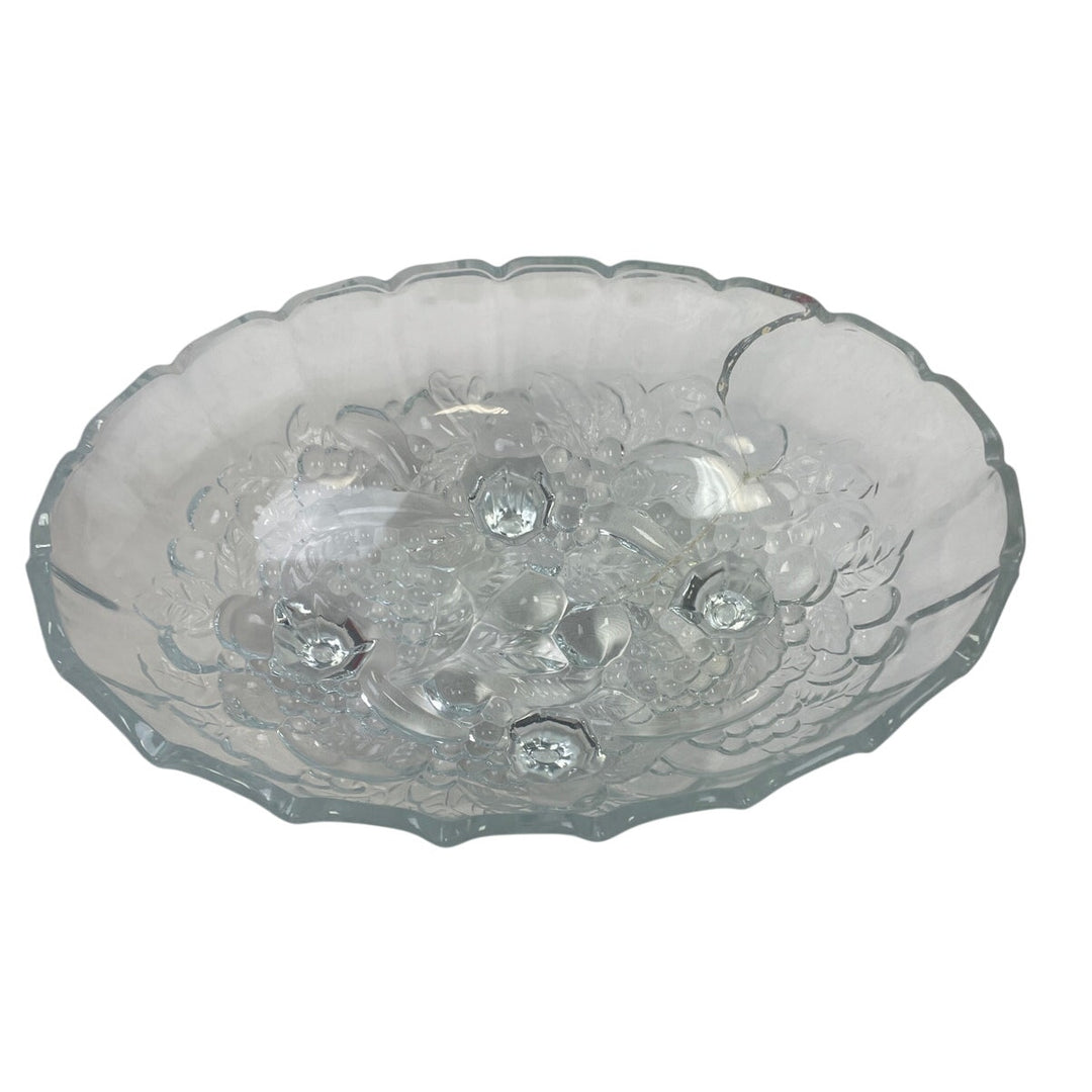 Vintage Oval Footed Cut Glass Scalloped Edge Floral Leaf Serving Bowl Dish