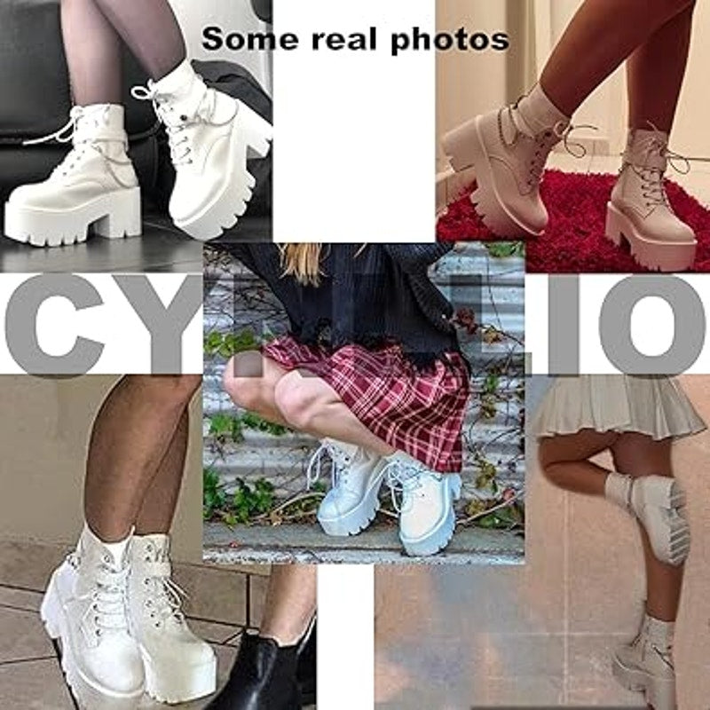 Cynllio Womens 8 White Faux Leather 3.5" Block Heel Platform Combat Ankle Boots