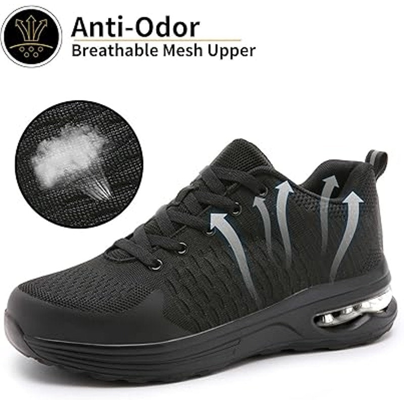 Lupwee Mens Size 14 Black Breatheable Mesh Lace Up Steel Toe Non Slip Work Shoes