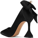 YDN Women Size 7 Black Satin Bow Pointy Toe Slip On 3.5" Heel Formal Event Shoes